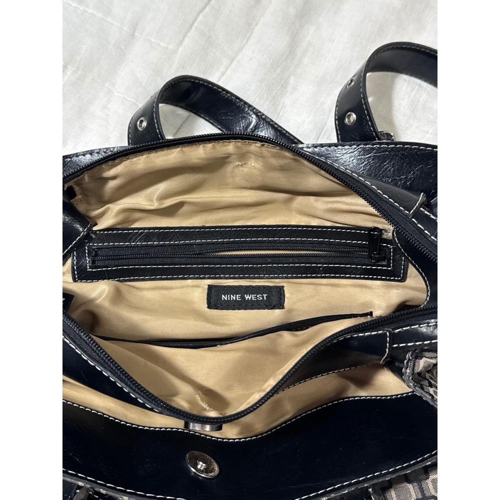 Nine West Geometric Print Satchel Shoulder Bag Black Tan with Coin Pouch Large - Picture 9 of 16